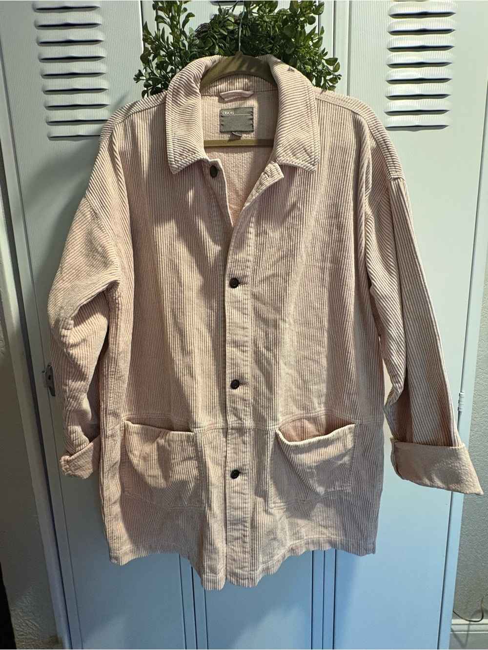 Sz Lg ASOS corduroy barn jacket overcoat button front patch pockets light pink